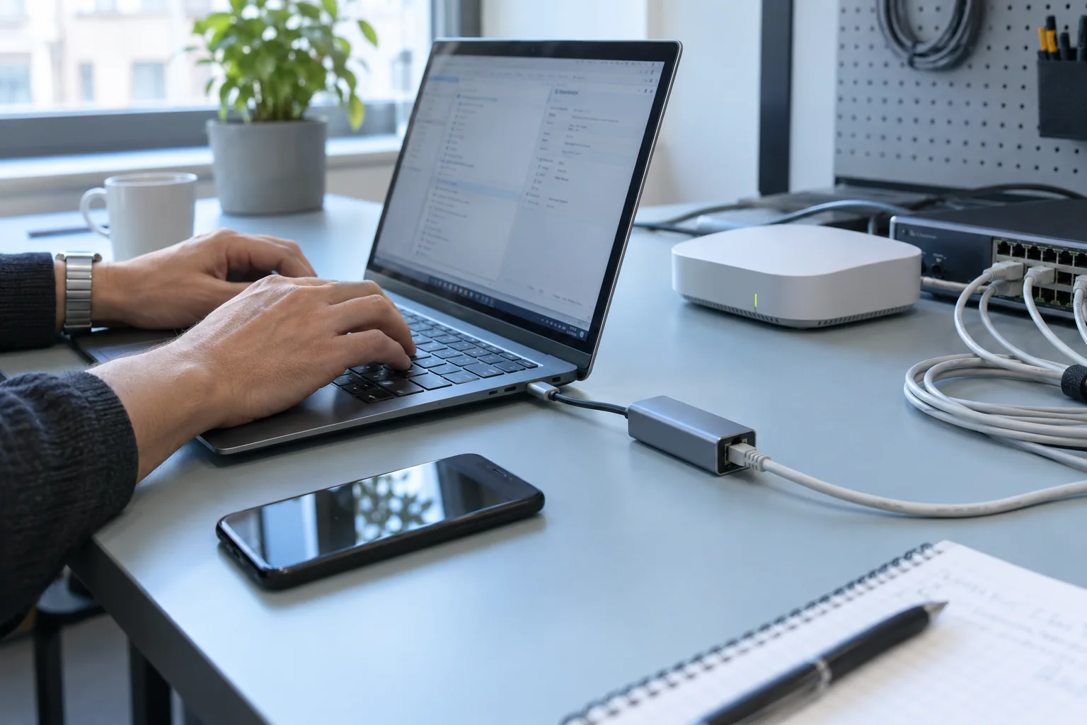 手部操作笔记本并检查USB-C网络适配器与小型网关
